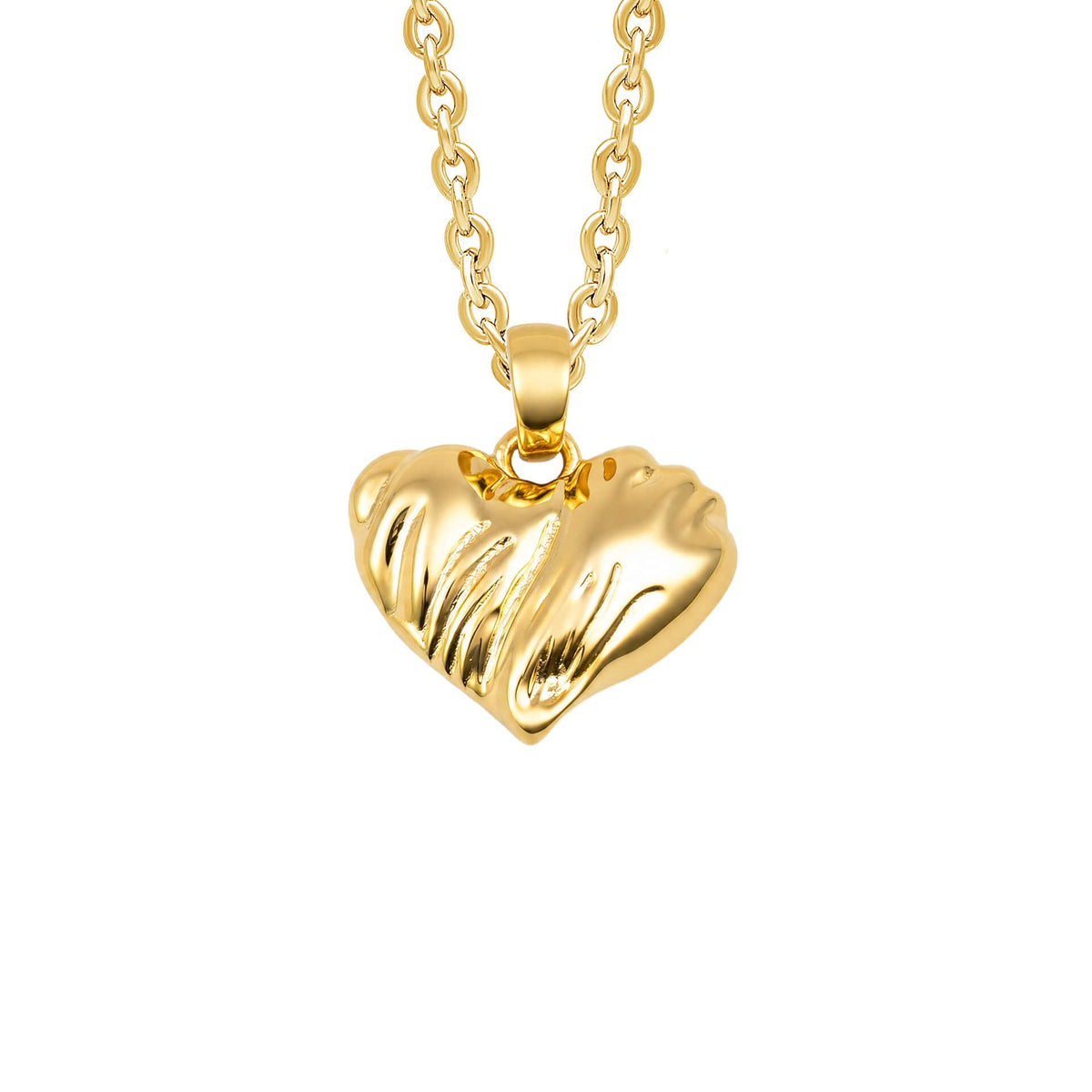 Textured heart pendant on a chain, displayed flat