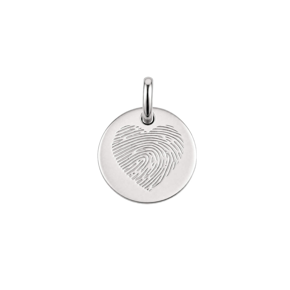 Fingerprint heart pendant in recycled sterling silver, displayed front view