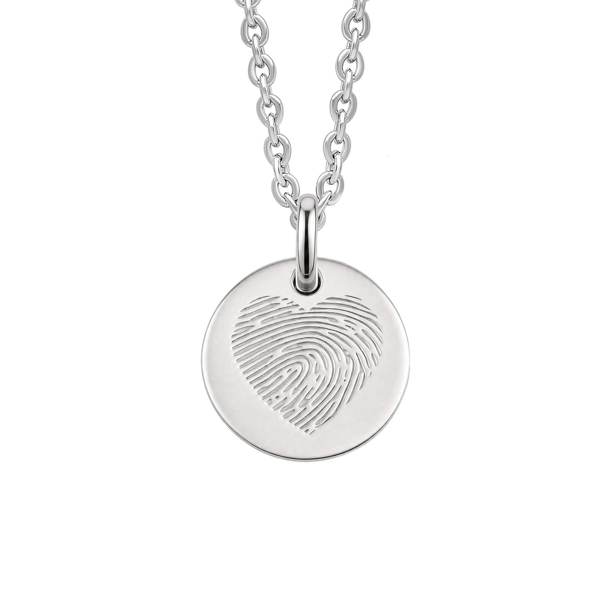 Fingerprint heart pendant in recycled sterling silver, worn on a chain