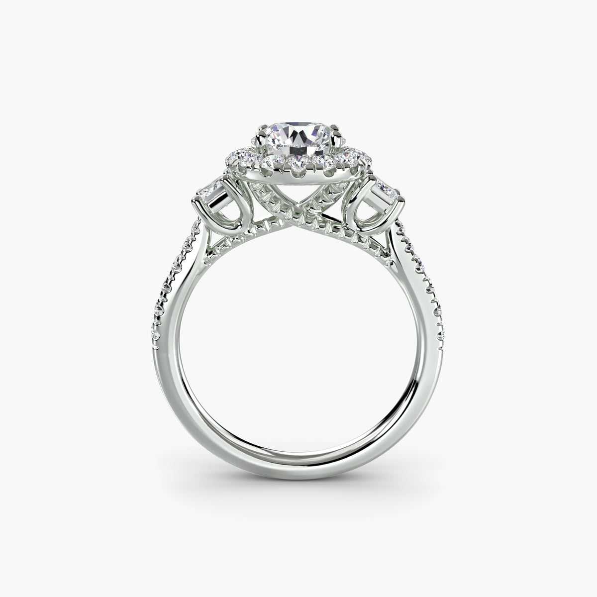 Three-Stone Ring With Halo, front view