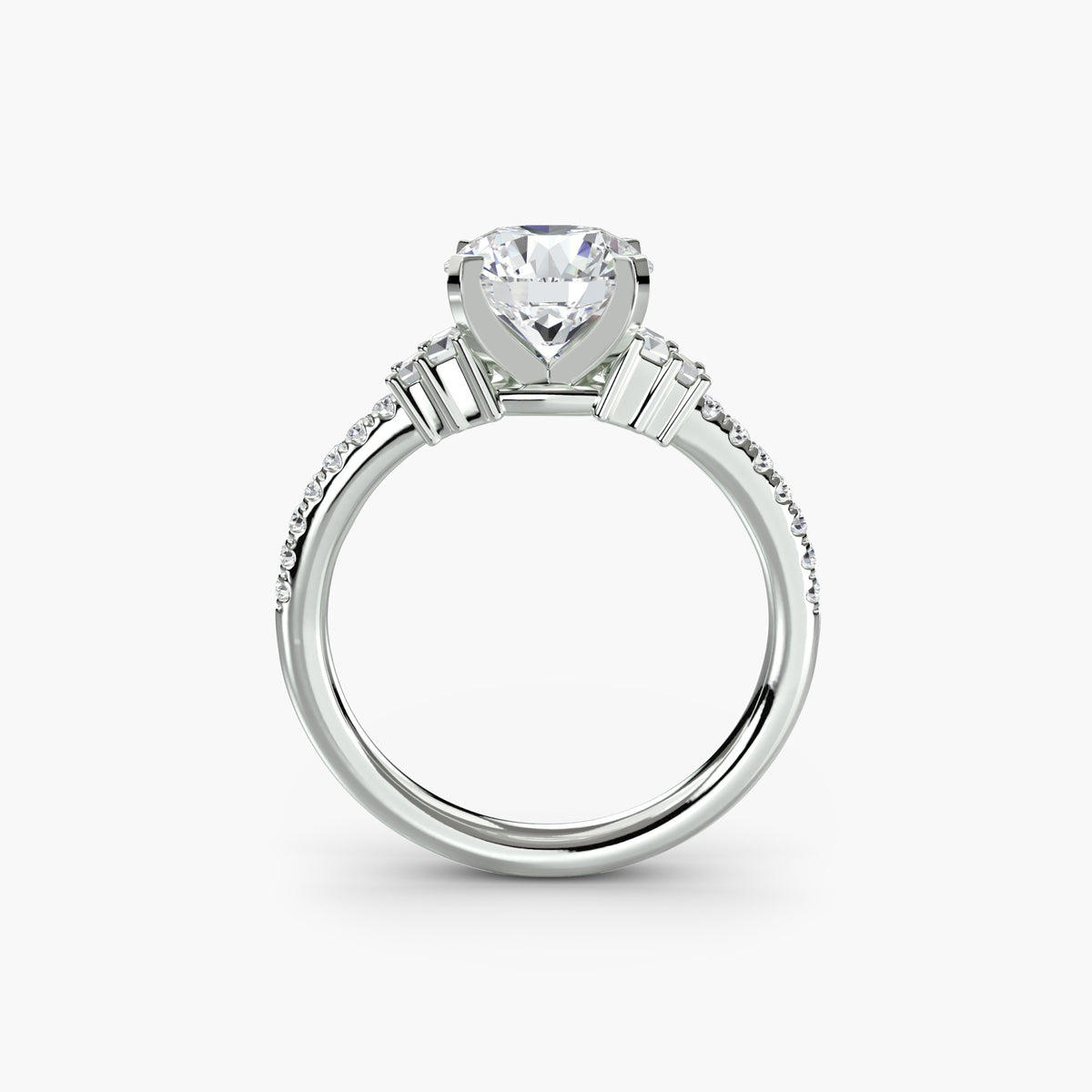 Solitaire With Eighteen Pavé Stones And Baguette Shoulders, front view