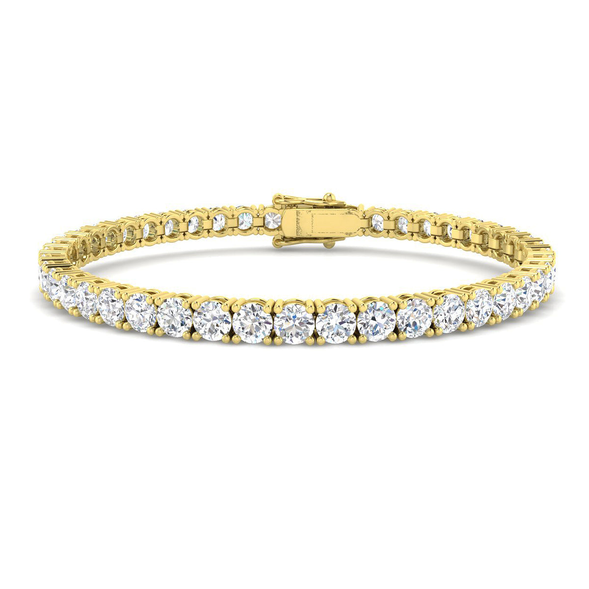 Heavy 18ct Yellow Gold tennis bracelet featuring 50 round brilliant natural diamonds totalling 10.02ct, secured with a double-latch safety clasp.