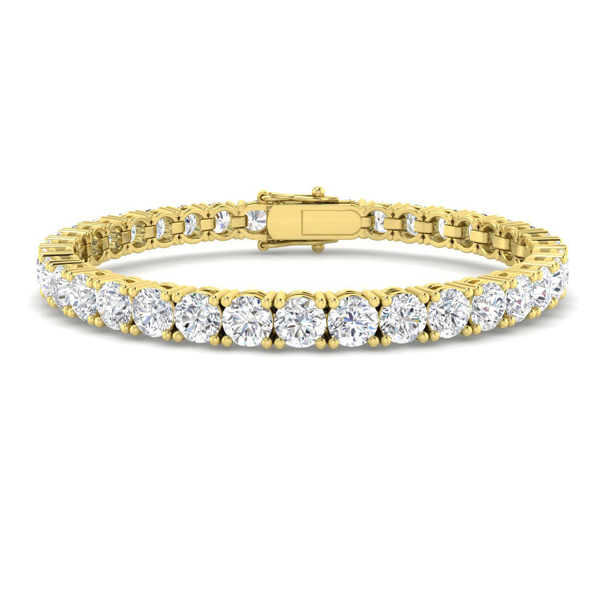 Heavy 9ct Yellow Gold tennis bracelet featuring 36 massive round lab-grown diamonds totalling 17.42ct, with a secure double-latch clasp.