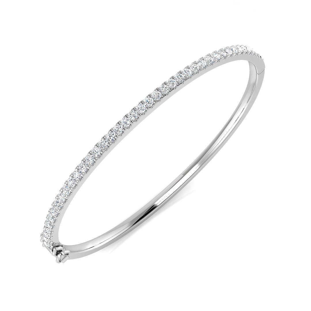 9ct White Gold hinged bangle bracelet featuring a half-set row of round brilliant natural diamonds and a secure clasp mechanism.