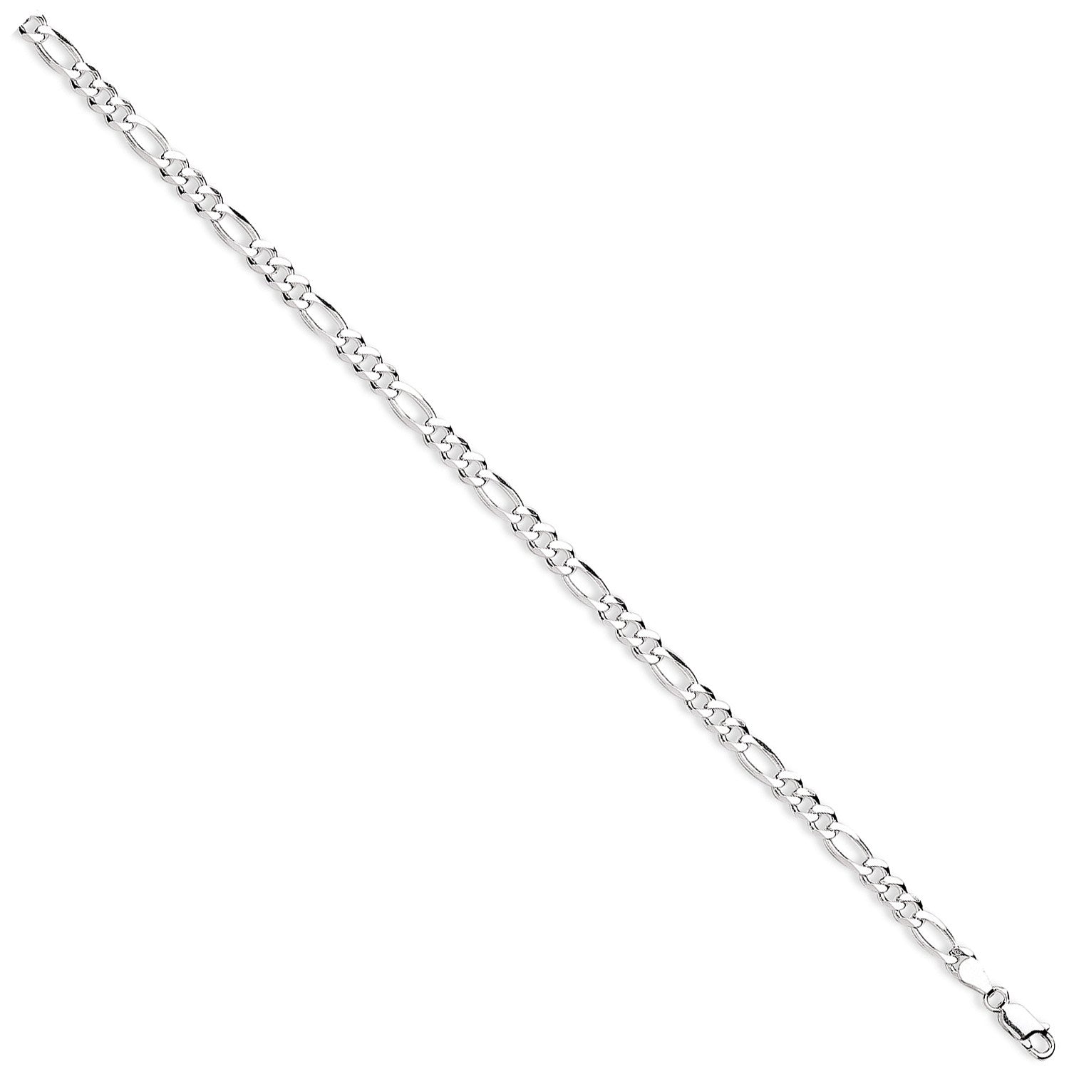 A 5mm sterling silver figaro chain necklace shown diagonally on a white background, highlighting the classic link pattern.
