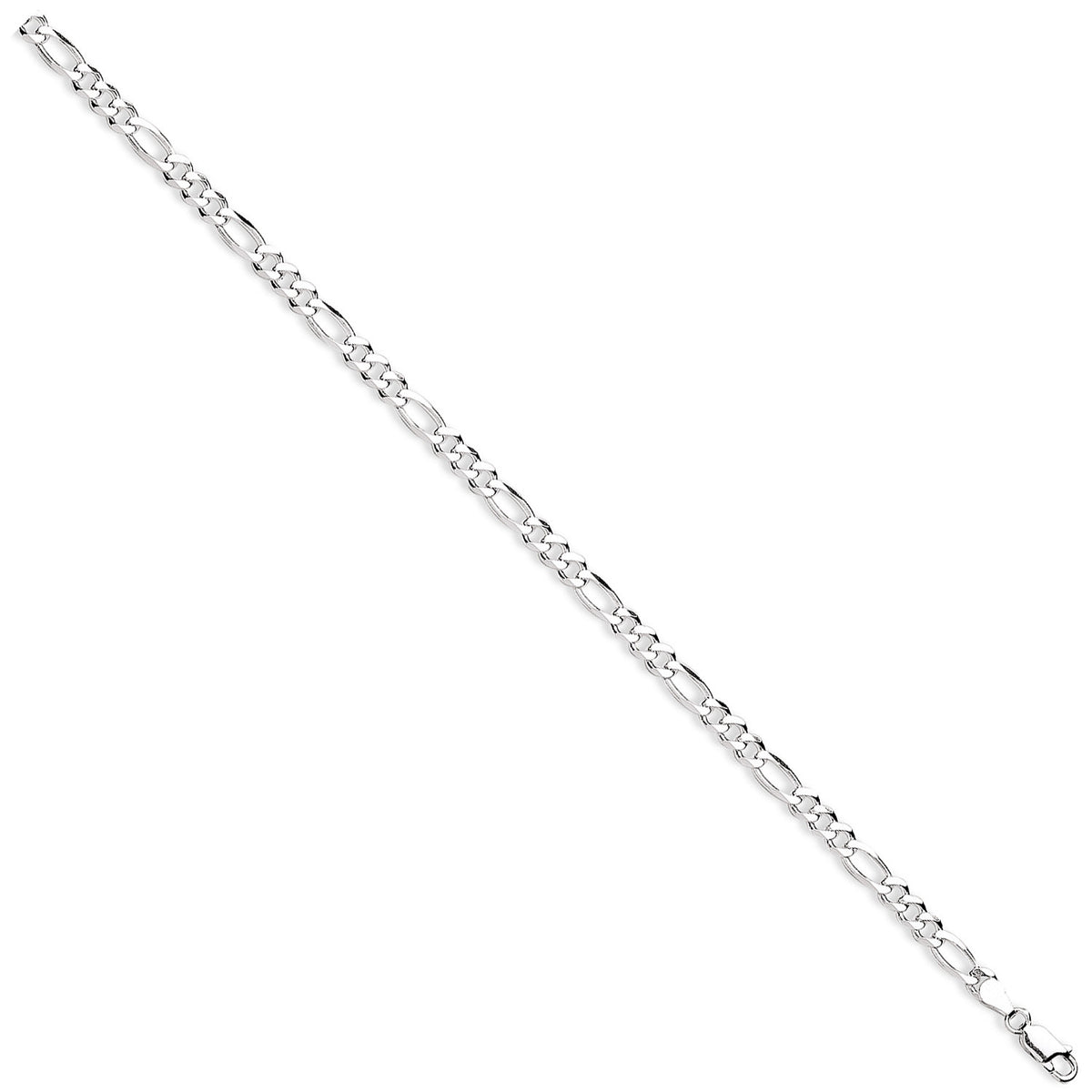 A 5mm sterling silver figaro chain necklace shown diagonally on a white background, highlighting the classic link pattern.