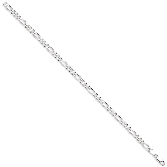 A 5mm sterling silver figaro chain necklace shown diagonally on a white background, highlighting the classic link pattern. 1500