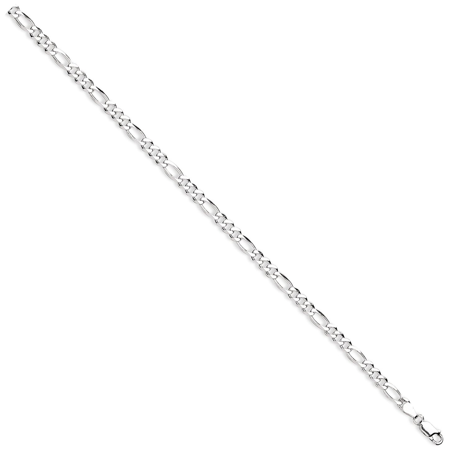 A 5mm sterling silver figaro chain bracelet shown diagonally on a white background, highlighting the classic link pattern.