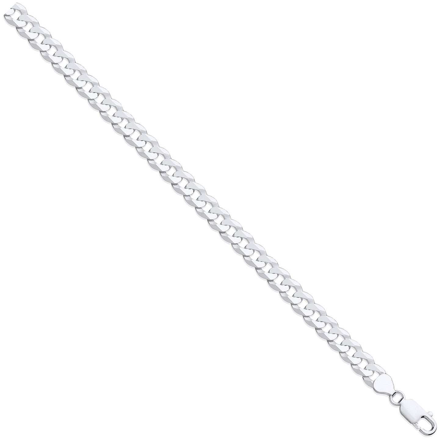 A thick 8mm sterling silver flat curb chain necklace shown diagonally on a white background, displaying the classic flattened link pattern.