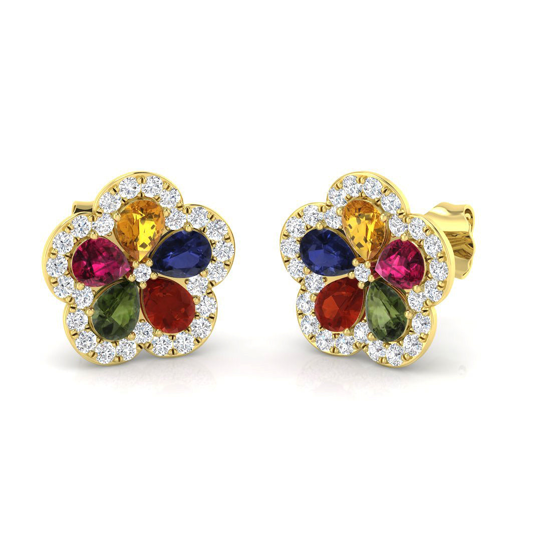 Close-up view of pear sapphire and diamond earrings in 9k yellow gold