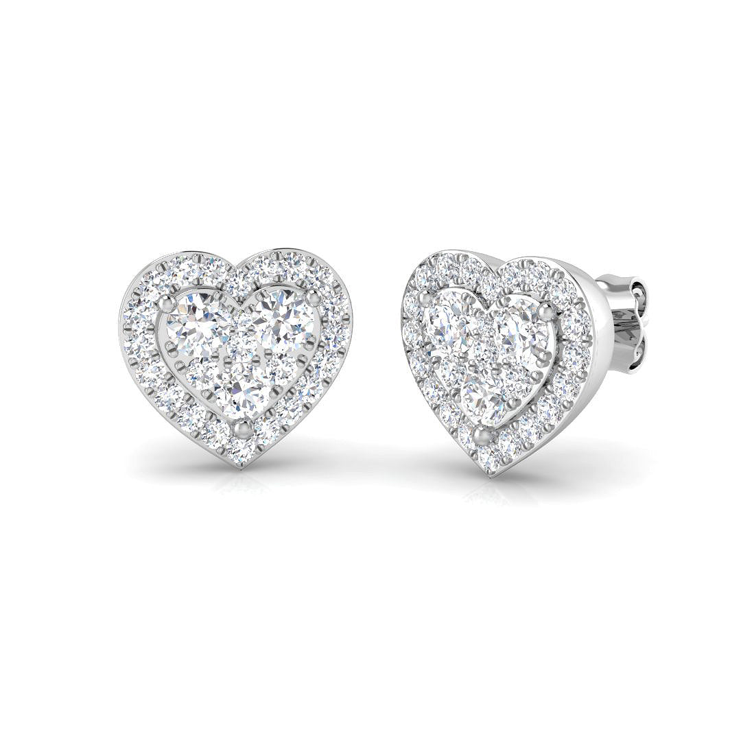 Front and side view of 9ct White Gold heart stud earrings featuring a 1.15ct lab-grown diamond halo cluster.