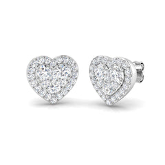Front and side view of 9ct White Gold heart stud earrings featuring a 1.15ct lab-grown diamond halo cluster.