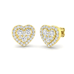 Pair of 9ct Yellow Gold heart-shaped earrings set with 54 round brilliant lab-grown diamonds in a halo design.