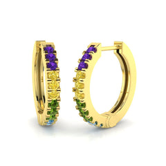 Angled view of 9ct Yellow Gold rainbow diamond hoop earrings featuring purple, yellow, green and blue stones.