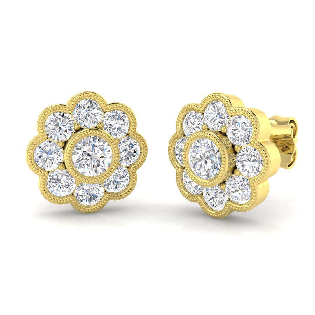 9ct Yellow Gold Natural Diamond Cluster Stud Earrings 1.57ct – front view 