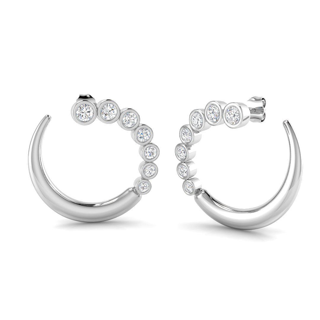 Front view of 9ct White Gold open hoop earrings featuring 1.46ct of graduated, bezel-set lab-grown diamonds.