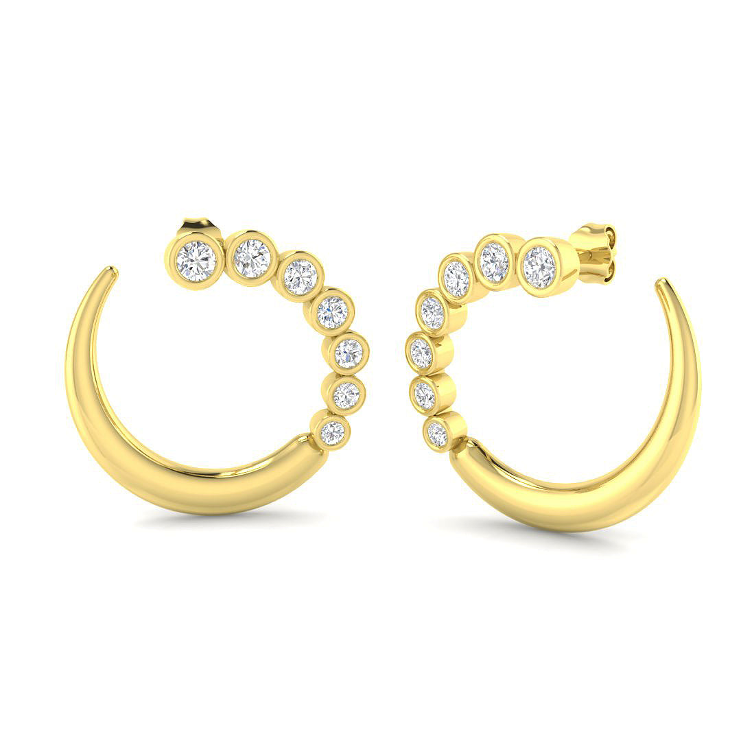 Side view of heavy 9ct Yellow Gold C-shape earrings set with 14 round brilliant lab diamonds in a modern bezel style.