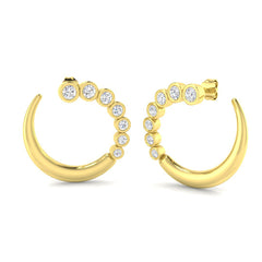 Side view of heavy 9ct Yellow Gold C-shape earrings set with 14 round brilliant lab diamonds in a modern bezel style.