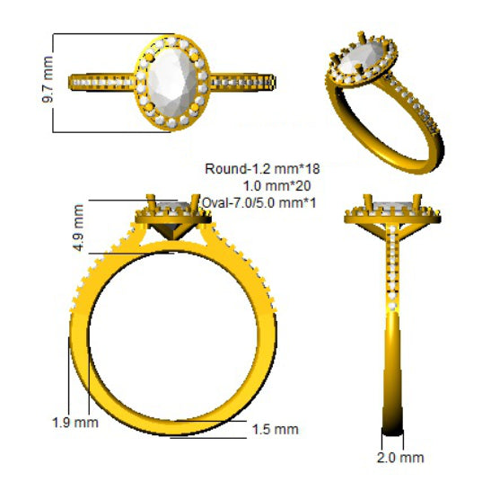 A technical CAD drawing of an oval gemstone halo ring with a diamond-set band, showing dimensions and different viewing angles.