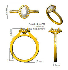 A technical CAD drawing of an oval gemstone halo ring with a diamond-set band, showing dimensions and different viewing angles.