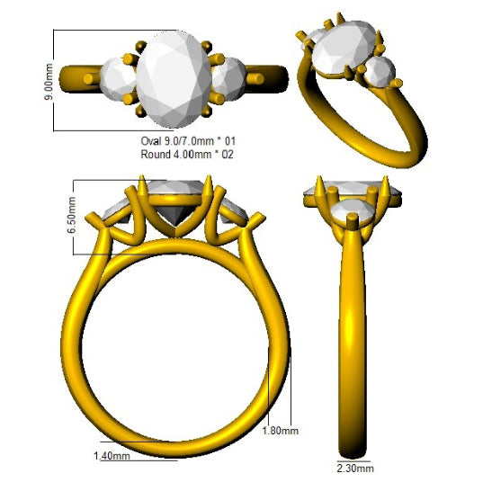 A technical CAD drawing of a three-stone oval and round gemstone ring, showing dimensions and different viewing angles.
