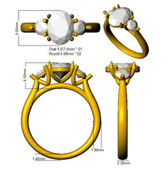 A technical CAD drawing of a three-stone oval and round gemstone ring, showing dimensions and different viewing angles.