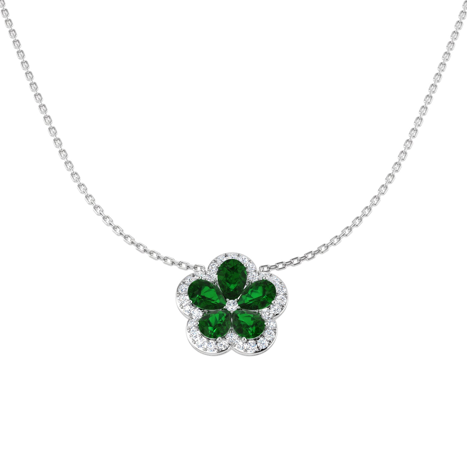 9ct White Gold necklace featuring a floral pendant with 5 pear-shaped lab-grown emeralds surrounded by a diamond halo.