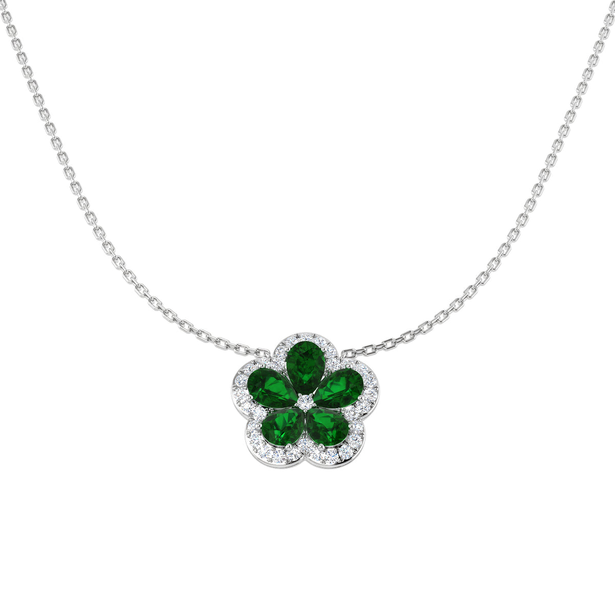 9ct White Gold necklace featuring a floral pendant with 5 pear-shaped lab-grown emeralds surrounded by a diamond halo.