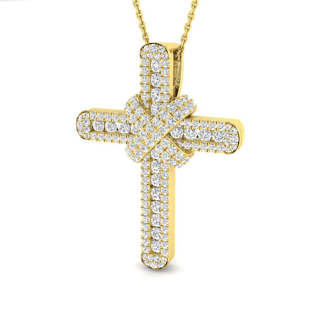 9ct Yellow Gold cross pendant featuring a diamond-encrusted crossover design and detailed milgrain edging.