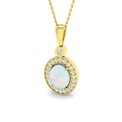 9ct Yellow Gold pendant featuring a large oval opal surrounded by a diamond halo, suspended from a diamond-set bale and matching chain.