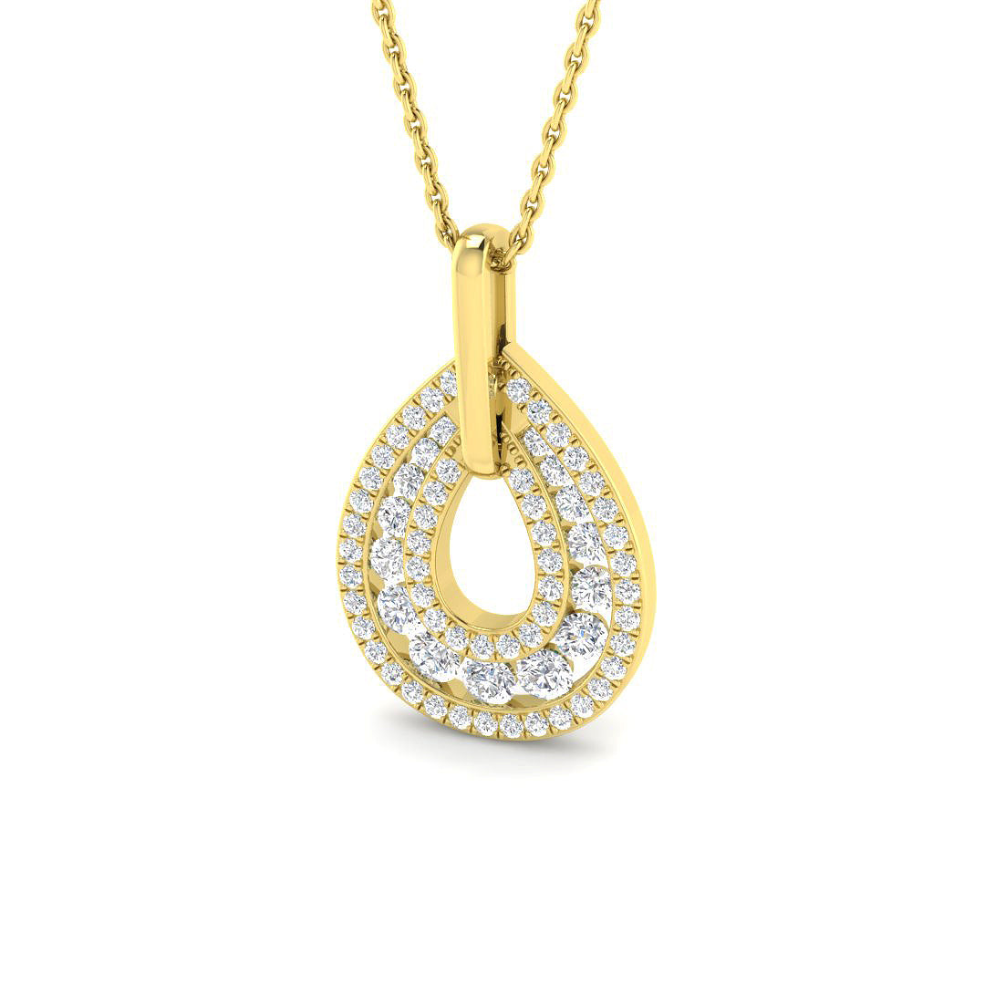 9ct Yellow Gold open pear-shaped pendant necklace set with 0.75ct of round brilliant lab-grown diamonds.