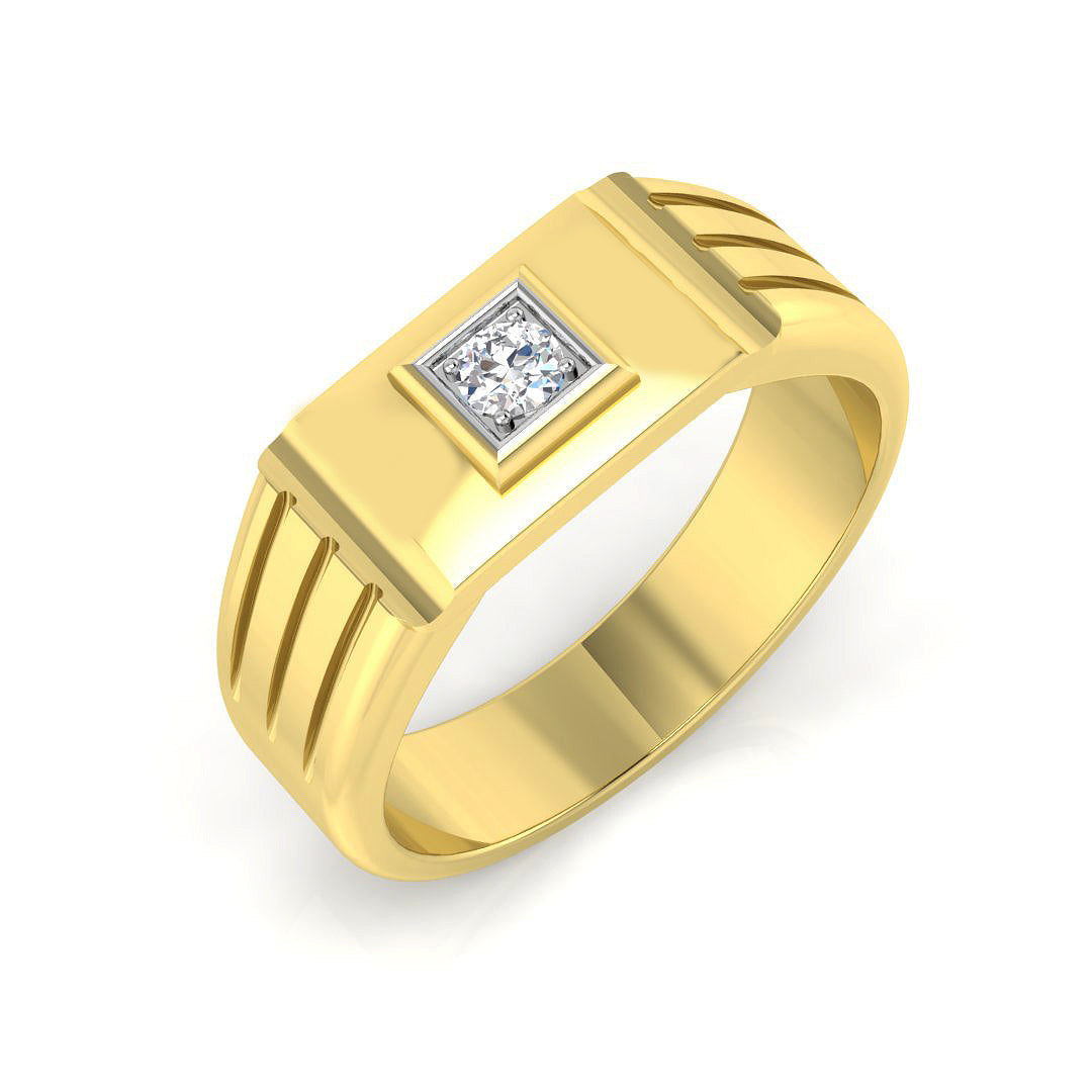 Top view of a solid 9ct yellow gold signet ring featuring a single round lab grown diamond flush set into the face.