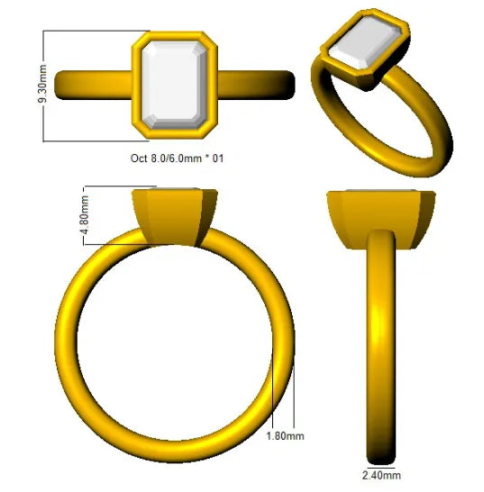 A technical CAD drawing of a bezel-set emerald-cut tourmaline ring showing dimensions from top, side, and angled views.