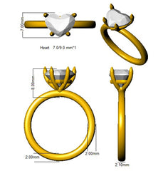 A technical CAD drawing of a heart-shaped solitaire gemstone ring, showing dimensions from top, side, and angled views.