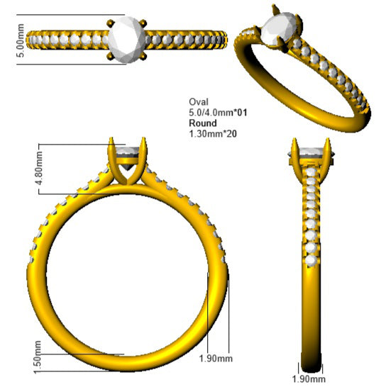 A technical CAD drawing of an oval gemstone ring with a diamond-set band, showing dimensions and different viewing angles.