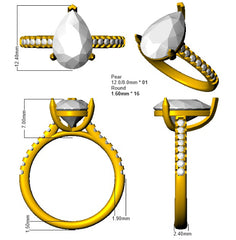 A technical CAD drawing of a pear-cut gemstone ring with a diamond-set band, showing dimensions and different viewing angles.