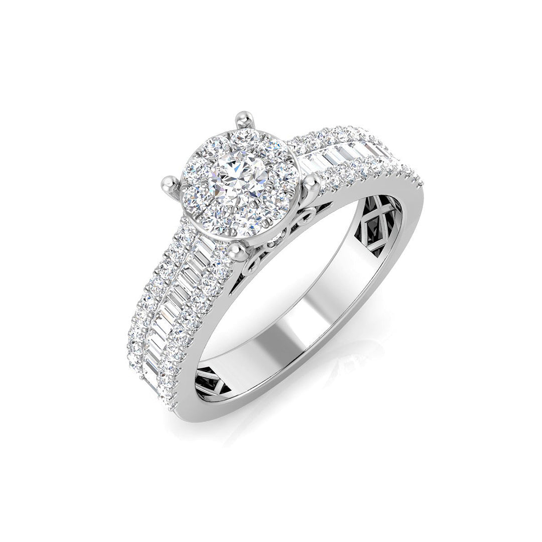 9ct White Gold lab-grown diamond halo cluster ring featuring multi-row shoulders set with round and baguette diamonds.