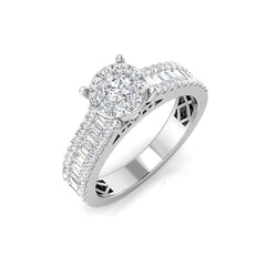 9ct White Gold lab-grown diamond halo cluster ring featuring multi-row shoulders set with round and baguette diamonds.