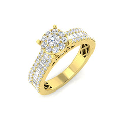 9ct Yellow Gold lab-grown diamond halo cluster ring featuring multi-row shoulders set with round and baguette diamonds.