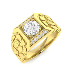 Heavy 9ct Yellow Gold gents ring featuring a nugget texture and a 1.18ct lab-grown diamond cluster.