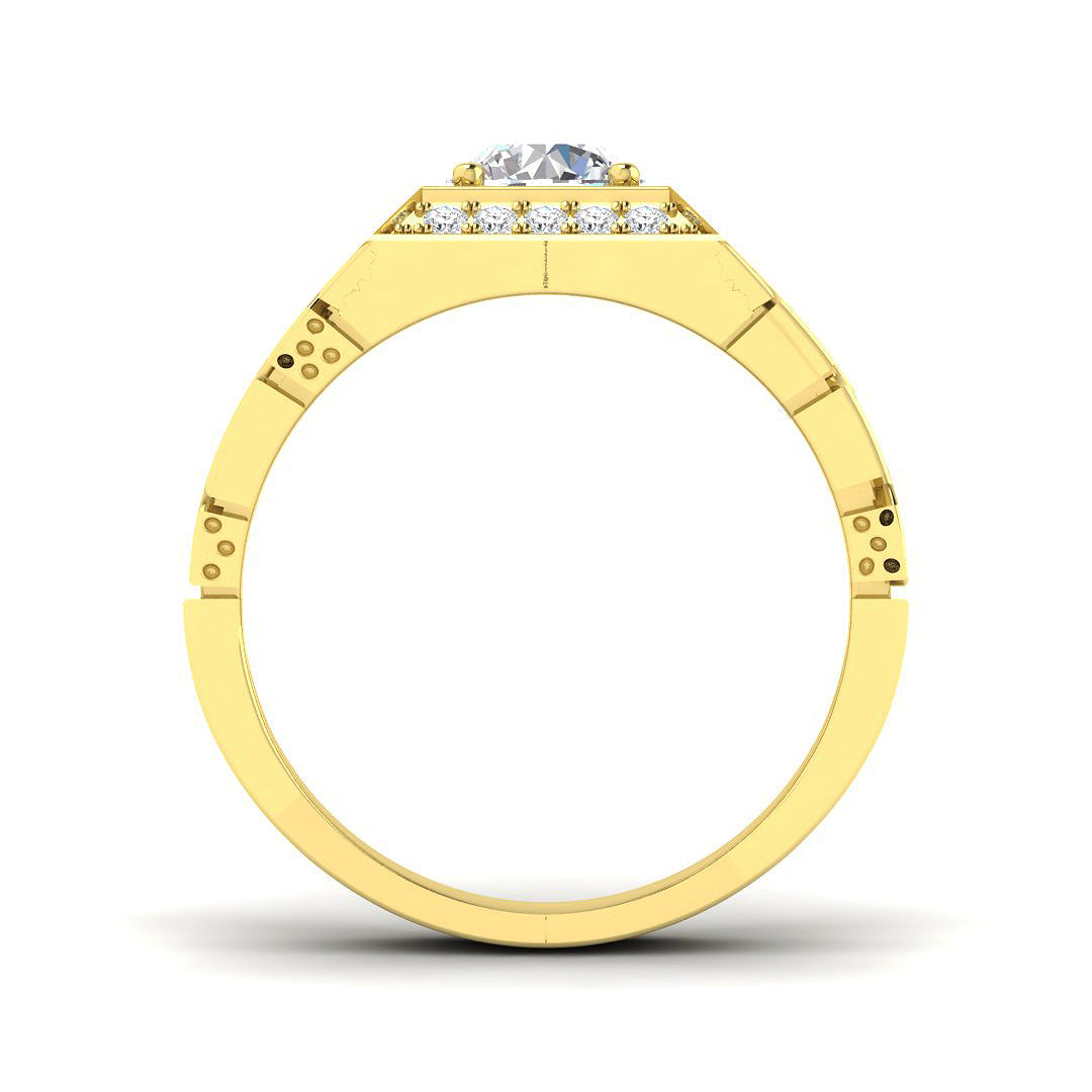 Side view of a gold men's ring showing the channel set diamond details and thick band profile.