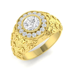 Heavy 9ct Yellow Gold ring featuring a 1.28ct lab-grown diamond halo cluster and textured heart-shaped details on the shoulders.