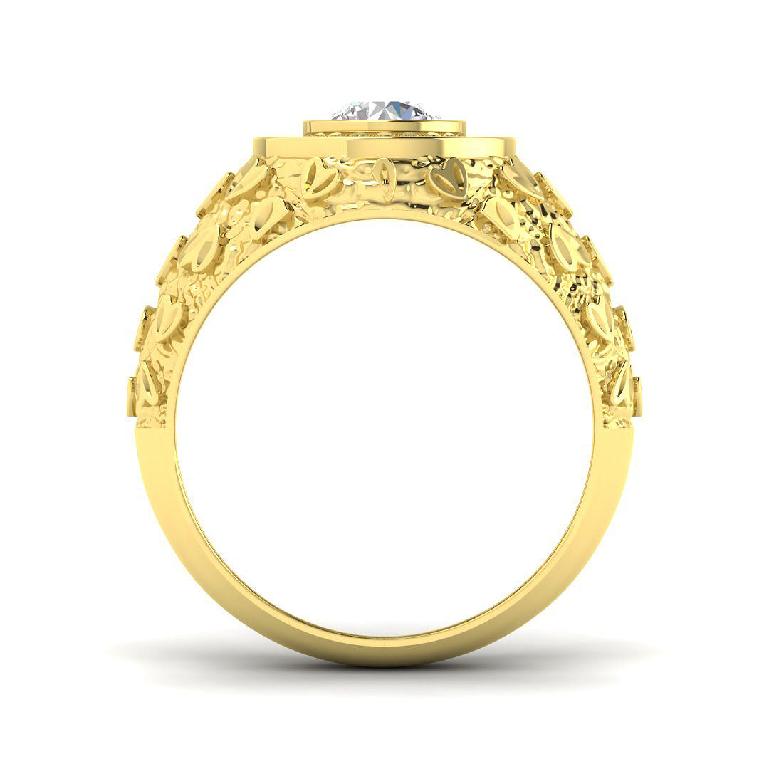 Side view of a substantial gold ring showing the thick band and detailed relief pattern on the shank.