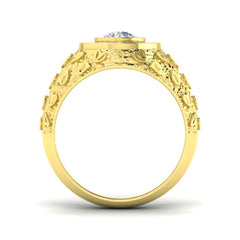 Side view of a substantial gold ring showing the thick band and detailed relief pattern on the shank.