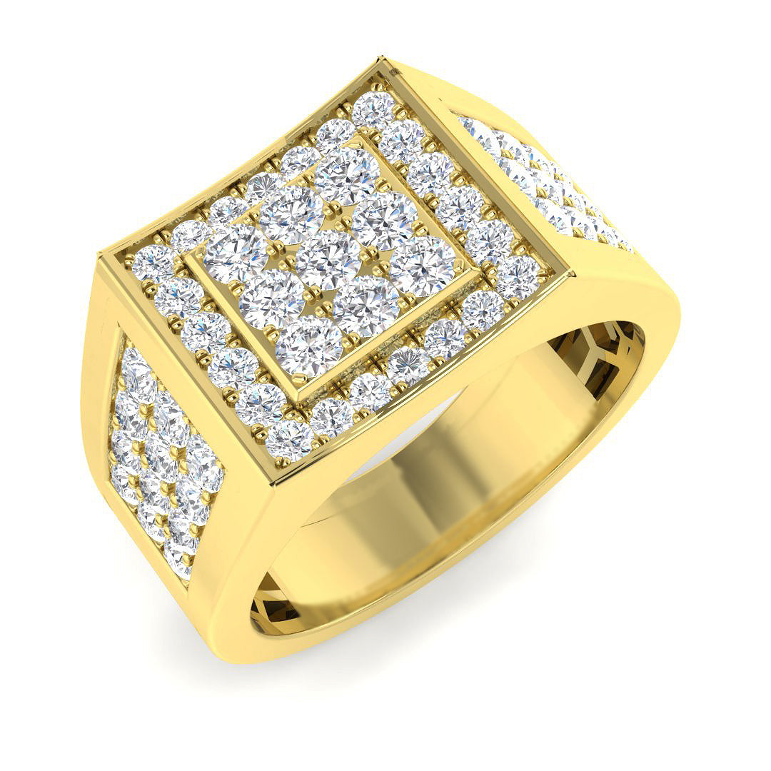Heavy 9ct Yellow Gold gents ring featuring a square cluster of 1.69ct lab-grown diamonds and diamond-set shoulders.
