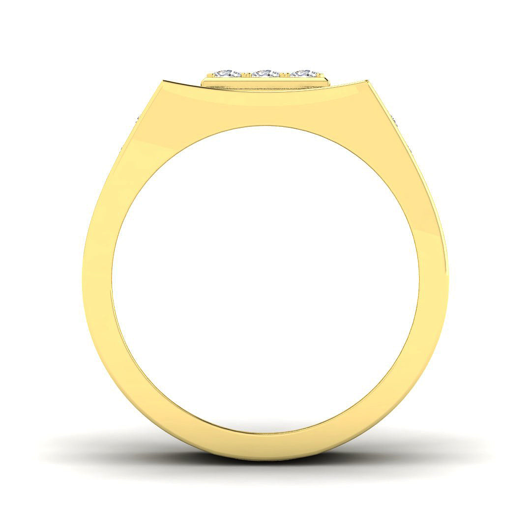 Front view of a substantial gold men's ring showing the flat top profile and thick shank.