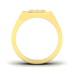 Front view of a substantial gold men's ring showing the flat top profile and thick shank.
