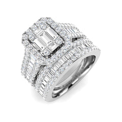 18ct White Gold multi-row diamond ring stack featuring a composite baguette centre and diamond-encrusted bands.