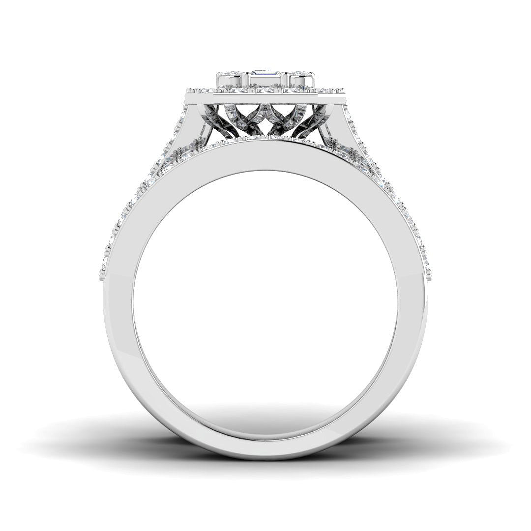 Front profile view of an 18ct White Gold diamond bridal stack showing the elevated setting and unified thick band.