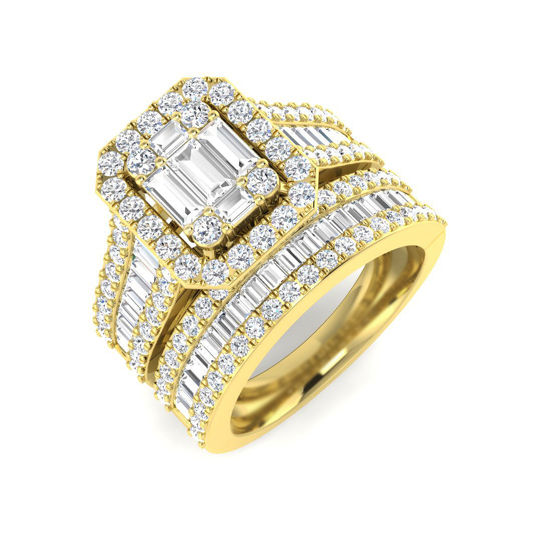 18ct Yellow Gold diamond statement ring with a double halo and multi-row baguette and round diamond bands.
